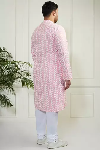 Men's pink and white pure cotton kurta pyjama set