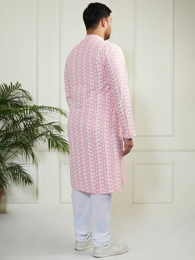 Men's pink and white pure cotton kurta pyjama set