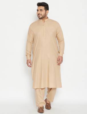 Men's light brown cotton blend pathani kurta set 1