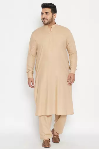 Men's light brown cotton blend pathani kurta set