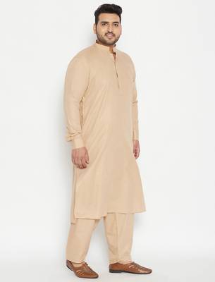 Men's light brown cotton blend pathani kurta set 2