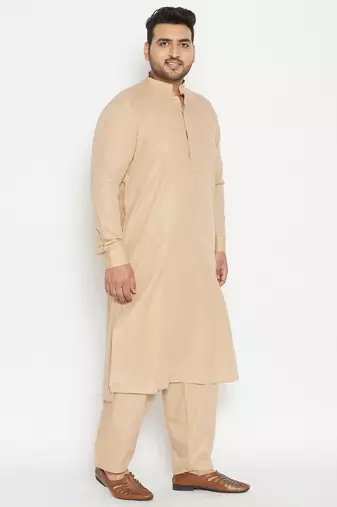 Men's light brown cotton blend pathani kurta set