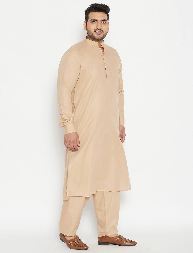 Men's light brown cotton blend pathani kurta set