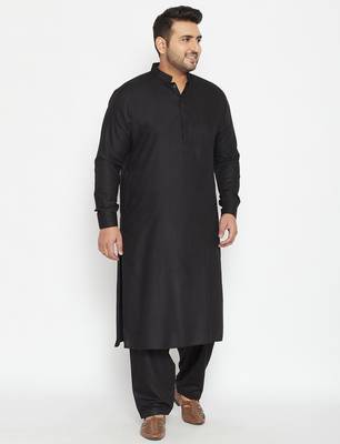 Men's black cotton blend pathani kurta set 1