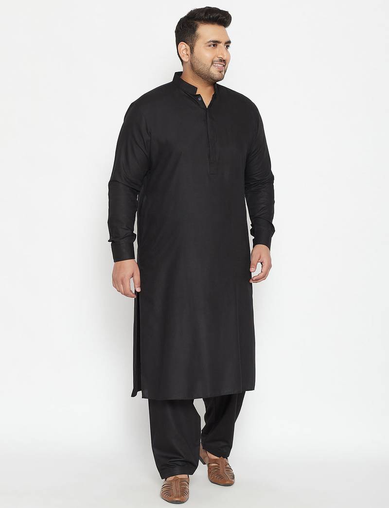 Men's black cotton blend pathani kurta set