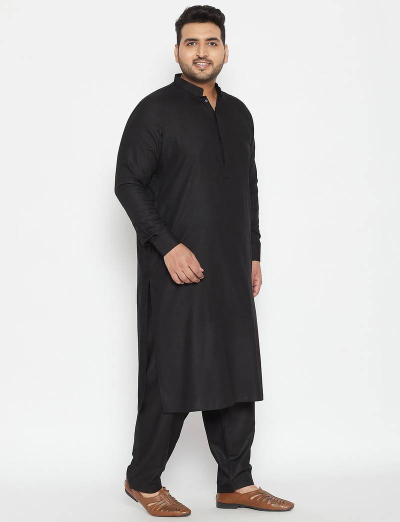 Men's black cotton blend pathani kurta set