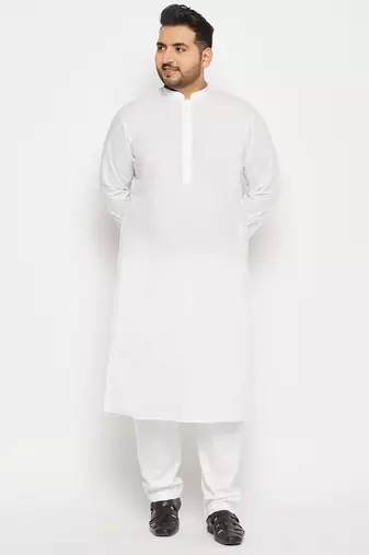 Men's white cotton blend kurta pyjama set
