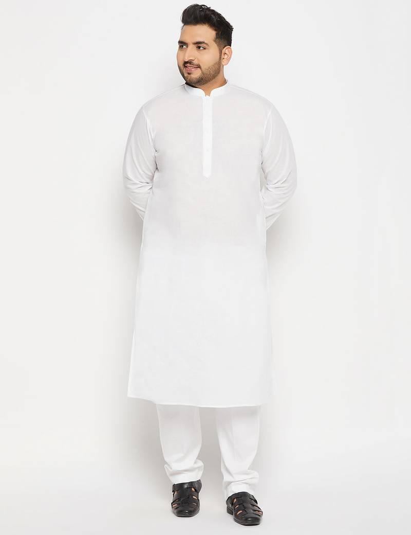 Men's white cotton blend kurta pyjama set