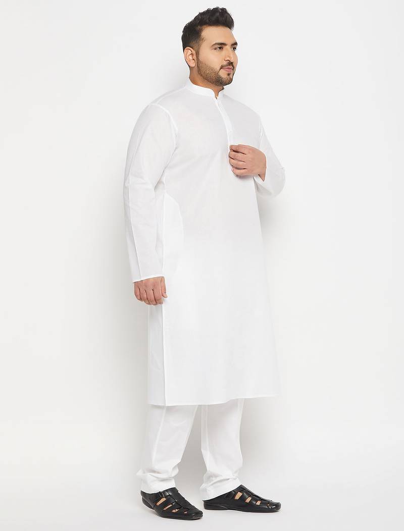 Men's white cotton blend kurta pyjama set