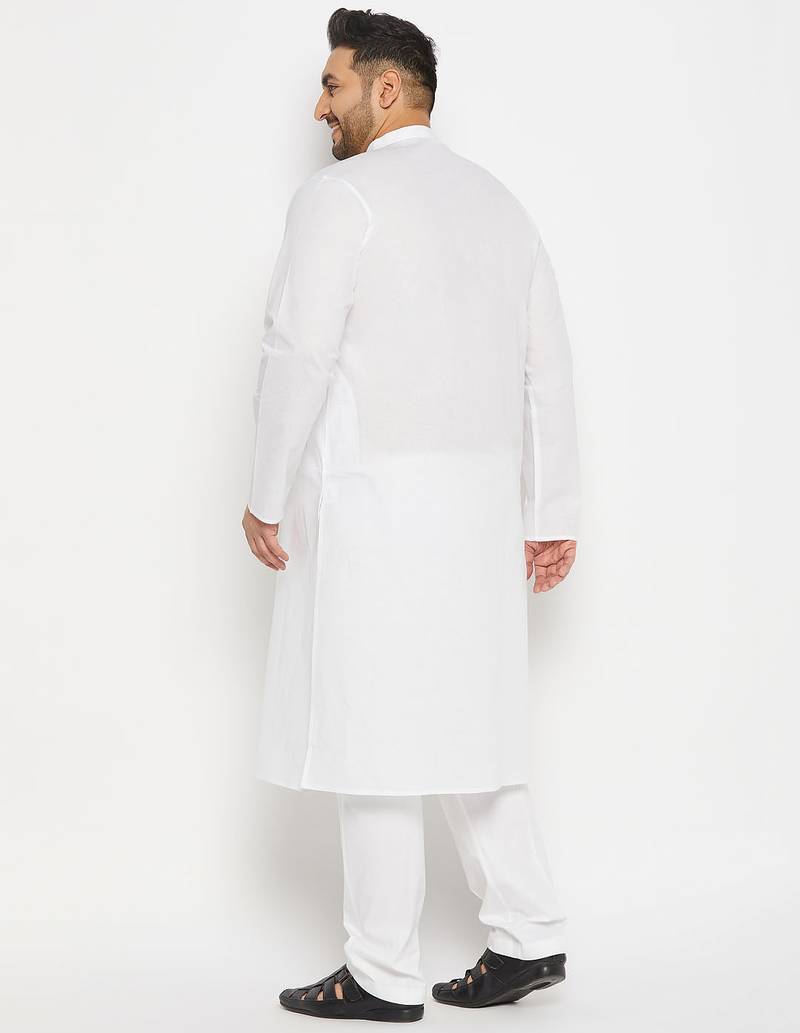 Men's white cotton blend kurta pyjama set