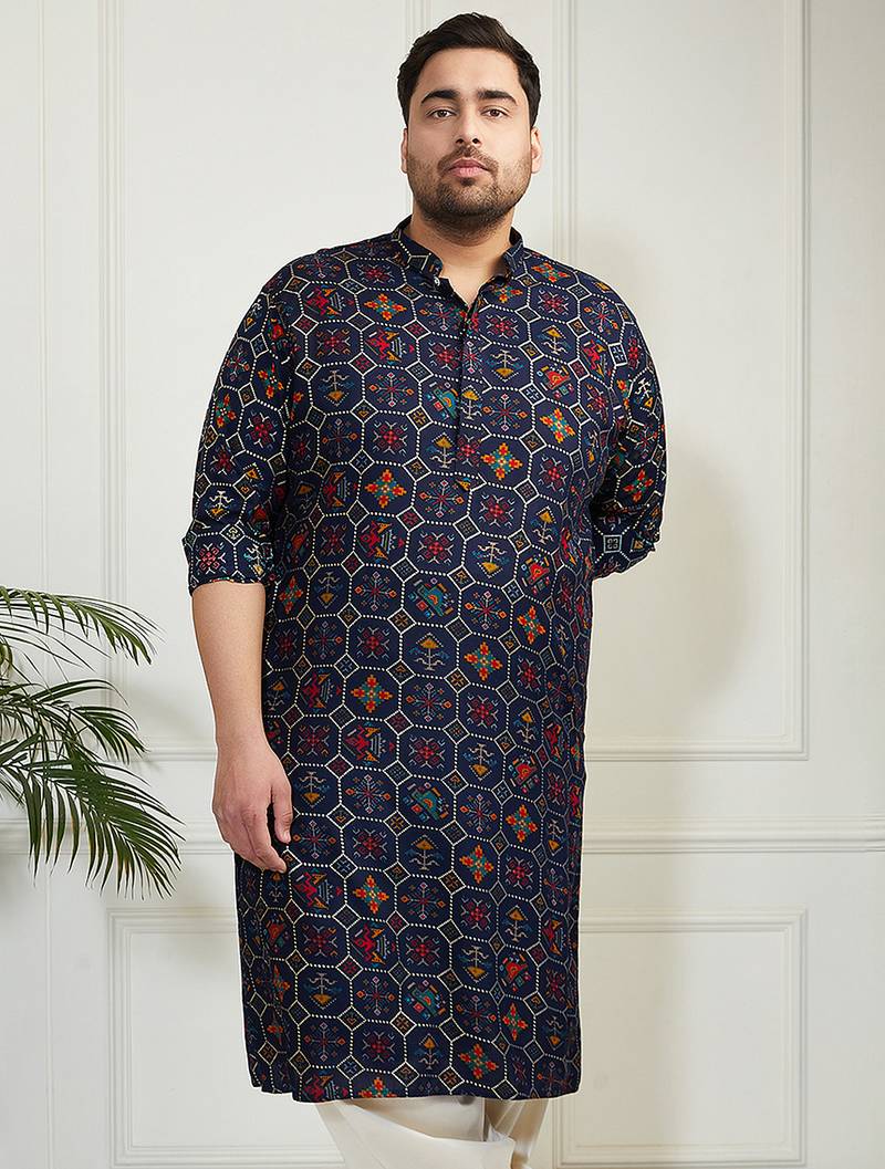 Men's blue cotton blend kurta