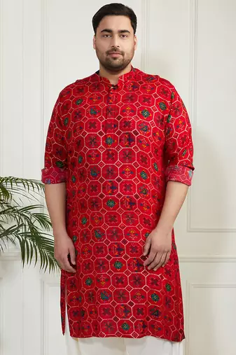 Men's red cotton blend kurta
