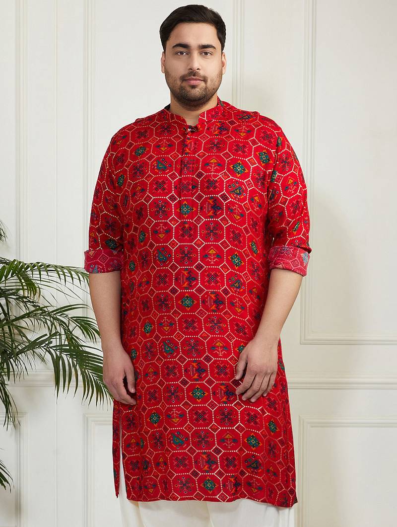 Men's red cotton blend kurta