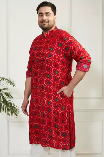 Men's red cotton blend kurta