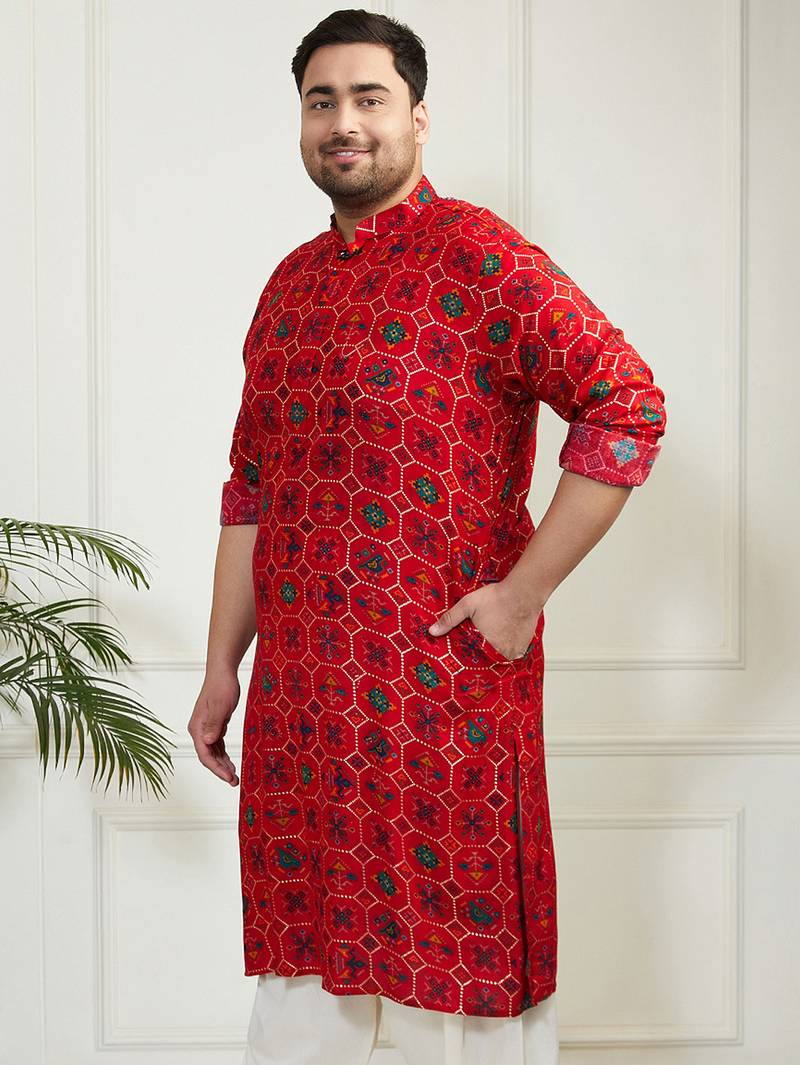Men's red cotton blend kurta