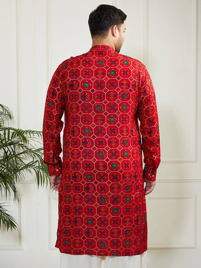 Men's red cotton blend kurta