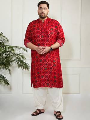 Men's red cotton blend kurta 5