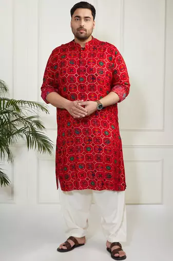 Men's red cotton blend kurta