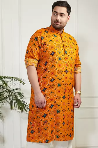 Men's yellow cotton blend kurta