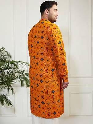 Men's yellow cotton blend kurta 4