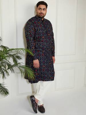 Men's blue and cream cotton blend kurta pyjama set 1