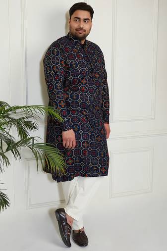Men's blue and cream cotton blend kurta pyjama set