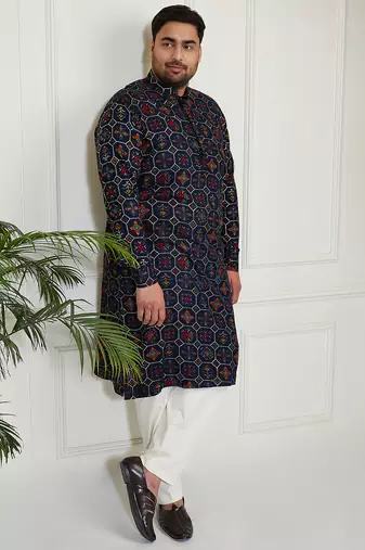Men's blue and cream cotton blend kurta pyjama set