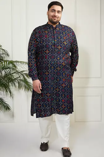 Men's blue and cream cotton blend kurta pyjama set