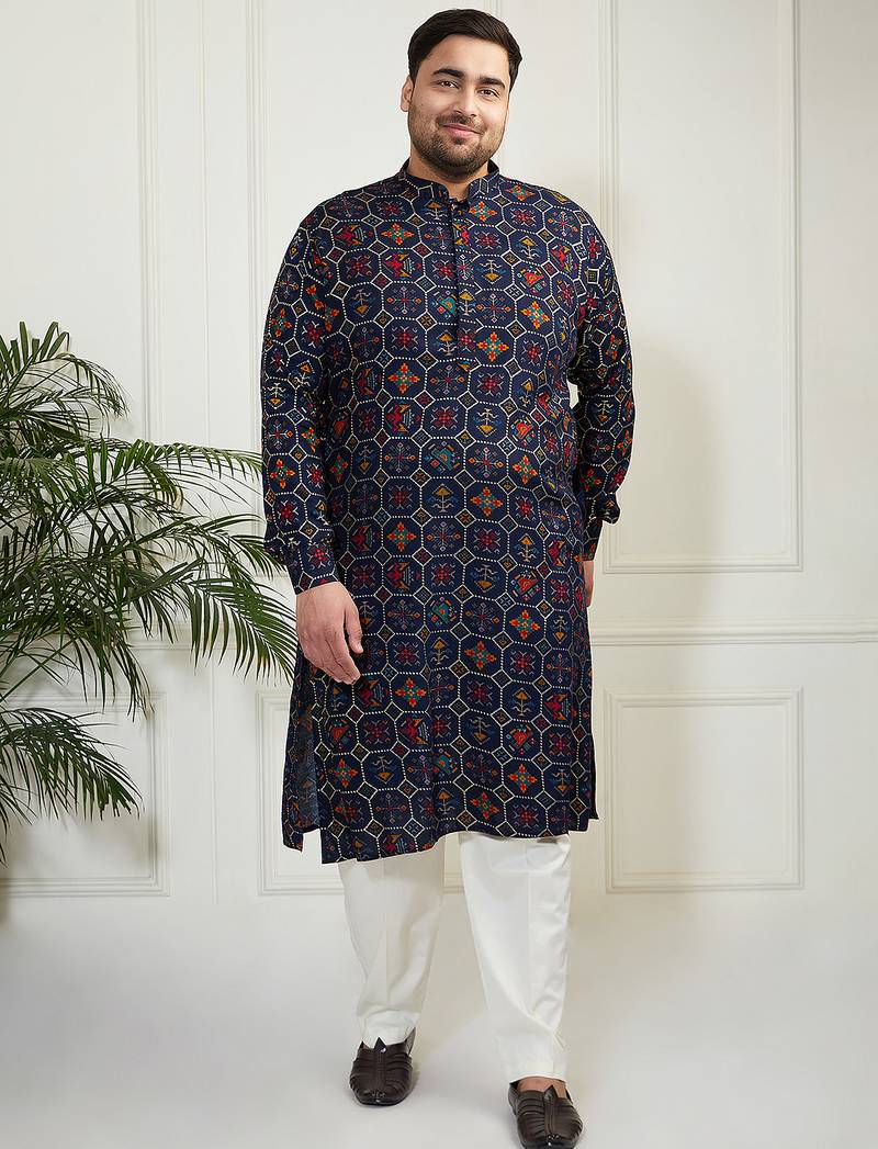 Men's blue and cream cotton blend kurta pyjama set