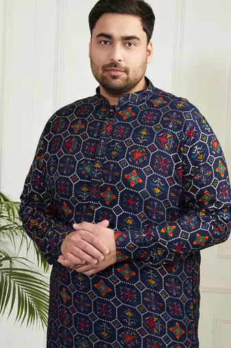 Men's blue and cream cotton blend kurta pyjama set