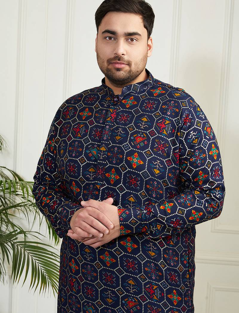 Men's blue and cream cotton blend kurta pyjama set