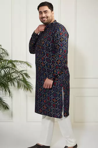 Men's blue and cream cotton blend kurta pyjama set