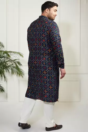 Men's blue and cream cotton blend kurta pyjama set