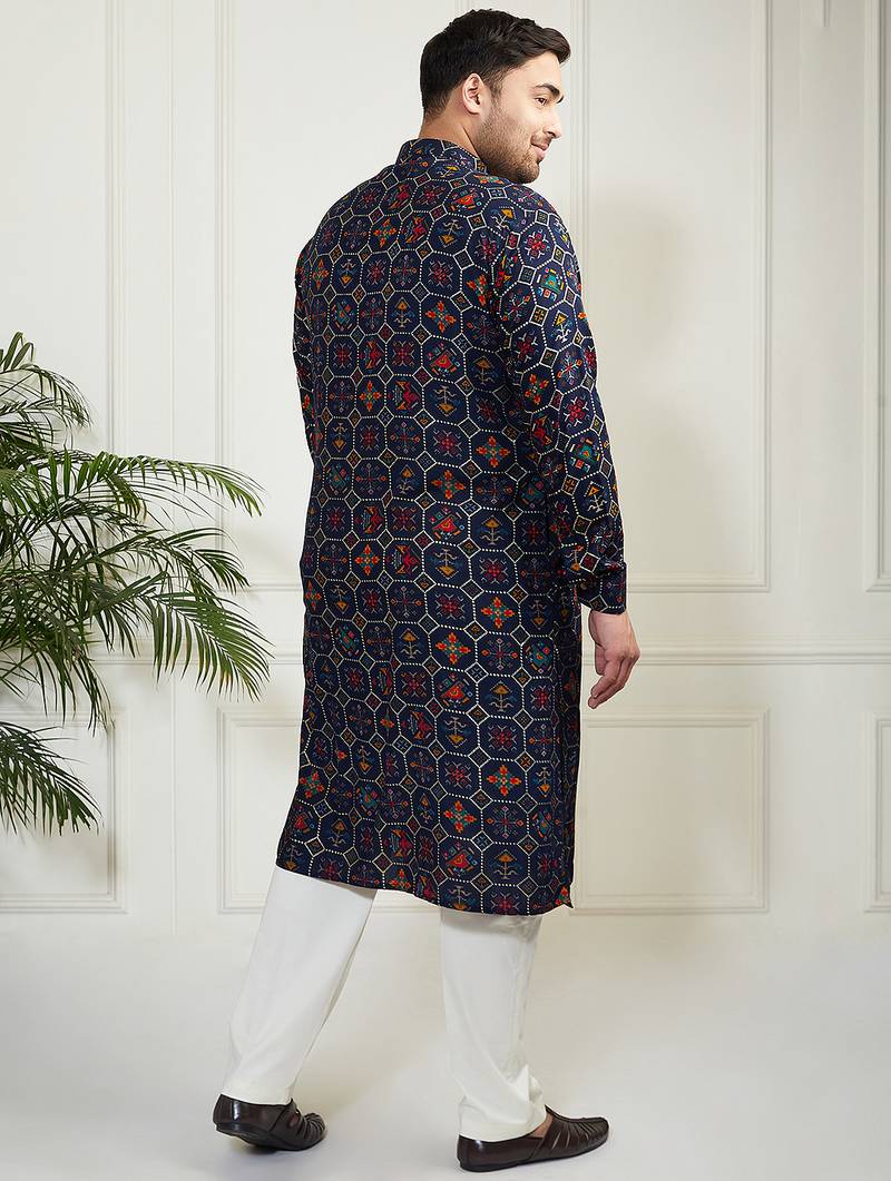 Men's blue and cream cotton blend kurta pyjama set