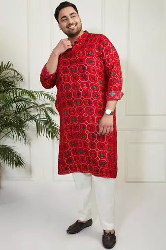 Red and cream cotton blend kurta pyjama set
