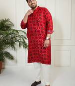 Red and cream cotton blend kurta pyjama set