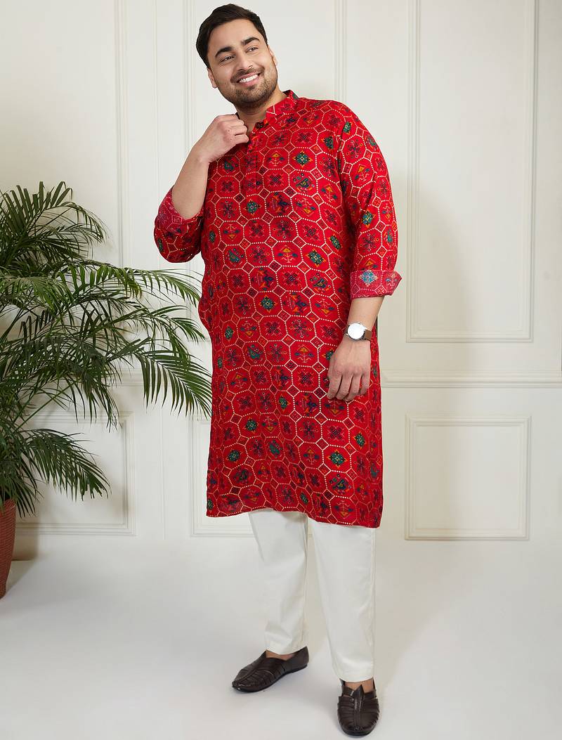 Red and cream cotton blend kurta pyjama set