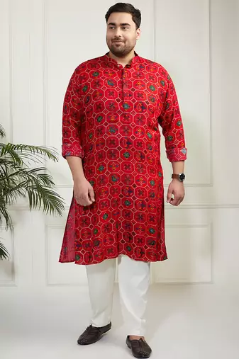 Red and cream cotton blend kurta pyjama set