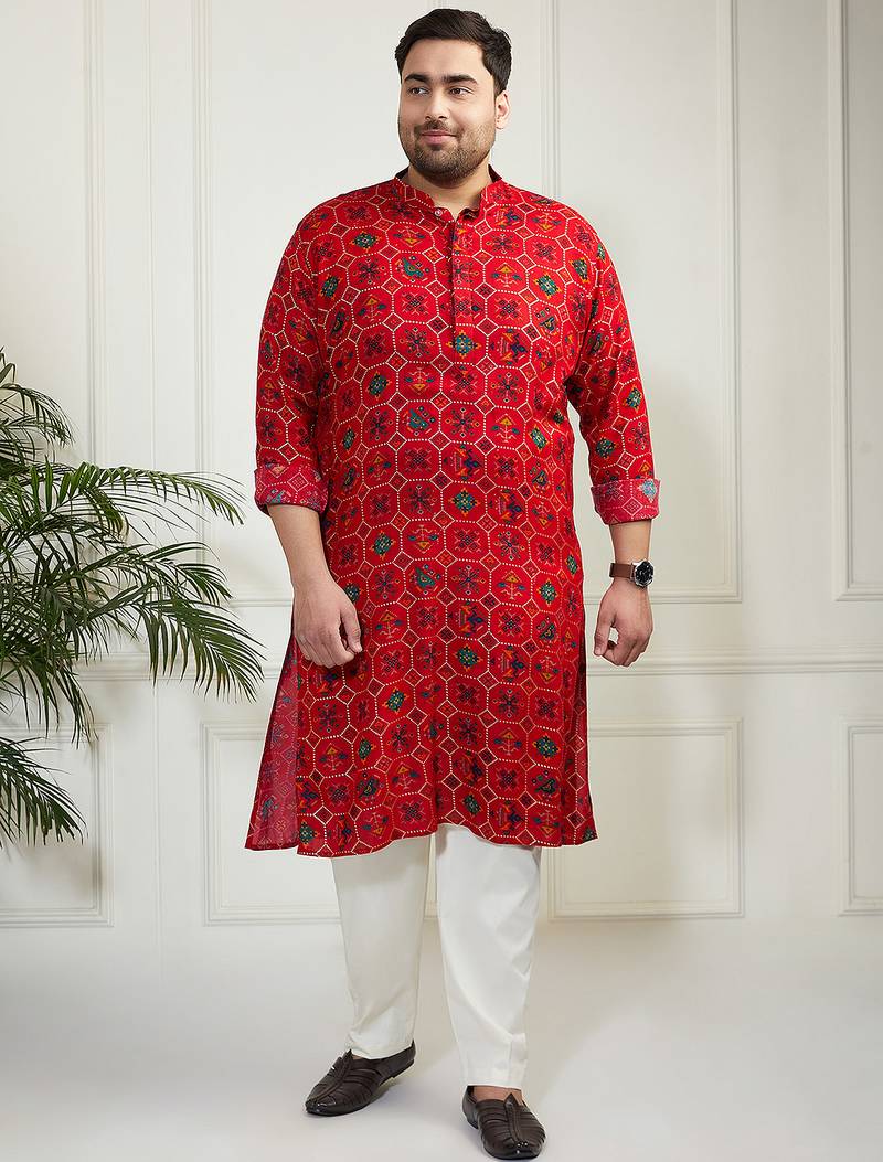 Red and cream cotton blend kurta pyjama set