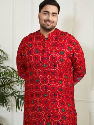 Red and cream cotton blend kurta pyjama set 3