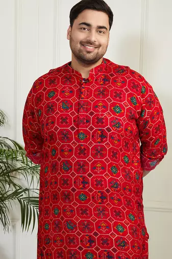 Red and cream cotton blend kurta pyjama set