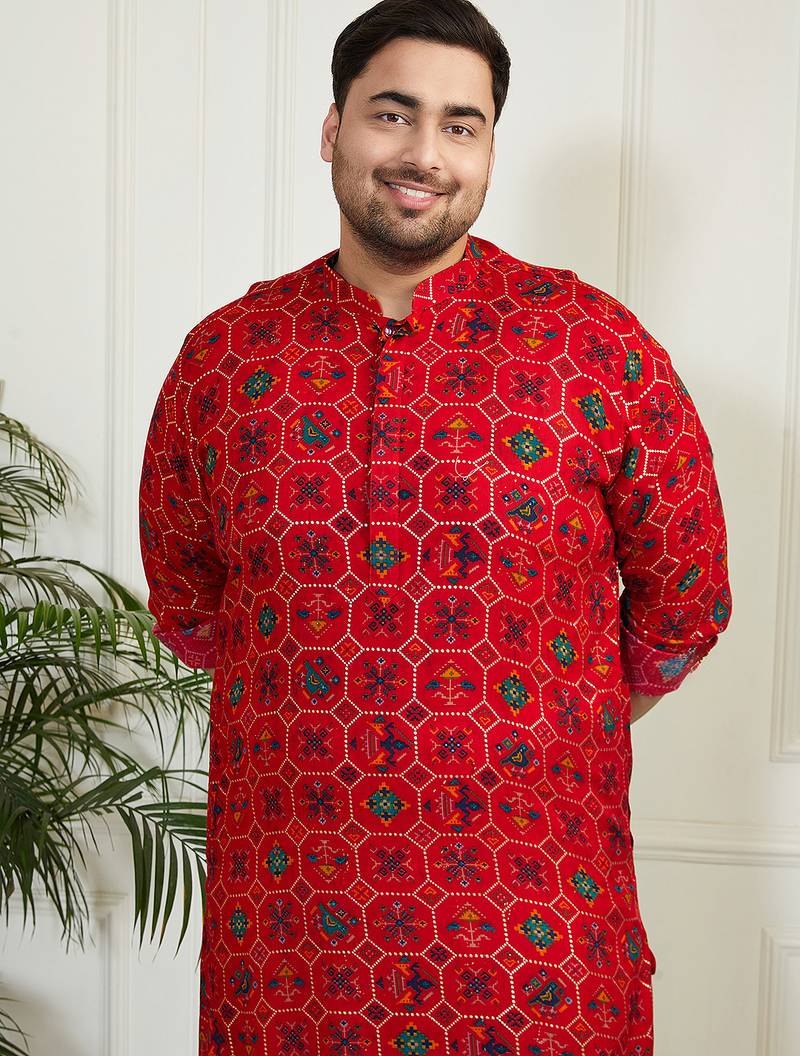 Red and cream cotton blend kurta pyjama set