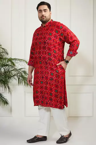 Red and cream cotton blend kurta pyjama set