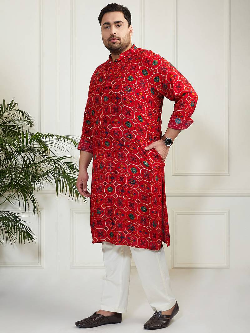 Red and cream cotton blend kurta pyjama set