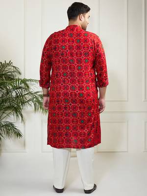 Red and cream cotton blend kurta pyjama set 5