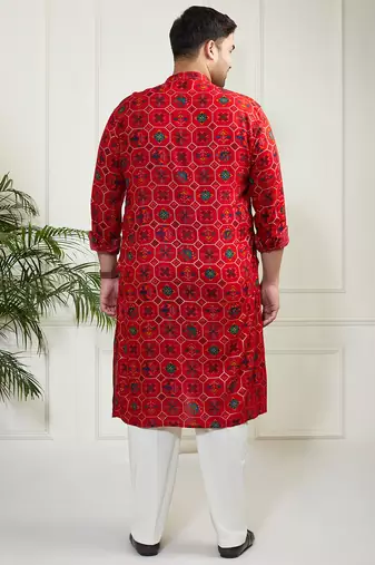 Red and cream cotton blend kurta pyjama set
