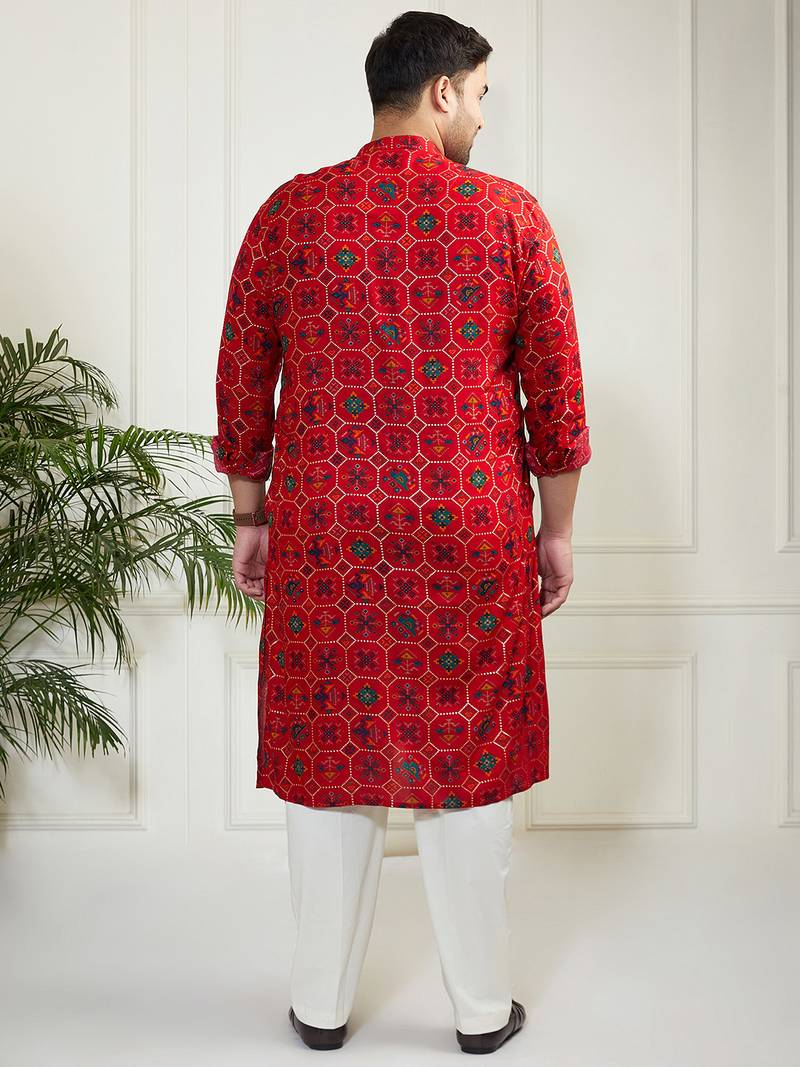 Red and cream cotton blend kurta pyjama set