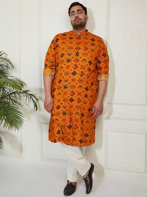 Men's yellow and cream cotton blend kurta pyjama set 1
