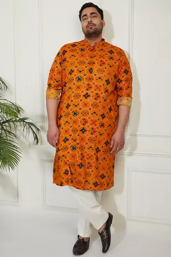 Men's yellow and cream cotton blend kurta pyjama set