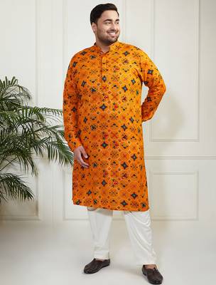 Men's yellow and cream cotton blend kurta pyjama set 2